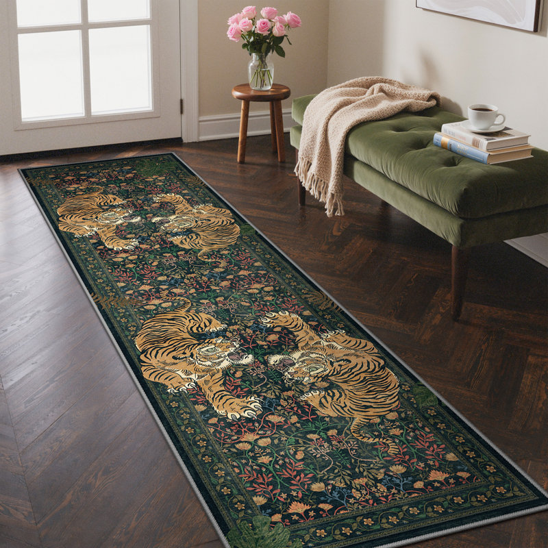 Teiarra Tiger Print Machine Washable Area Rug With Non-Slip Backing, Runner 2' x 6', Dark Green