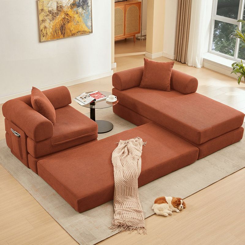 Canapé modulaire en L en velours côtelé avec poche latérale, Velours côtelé orange
