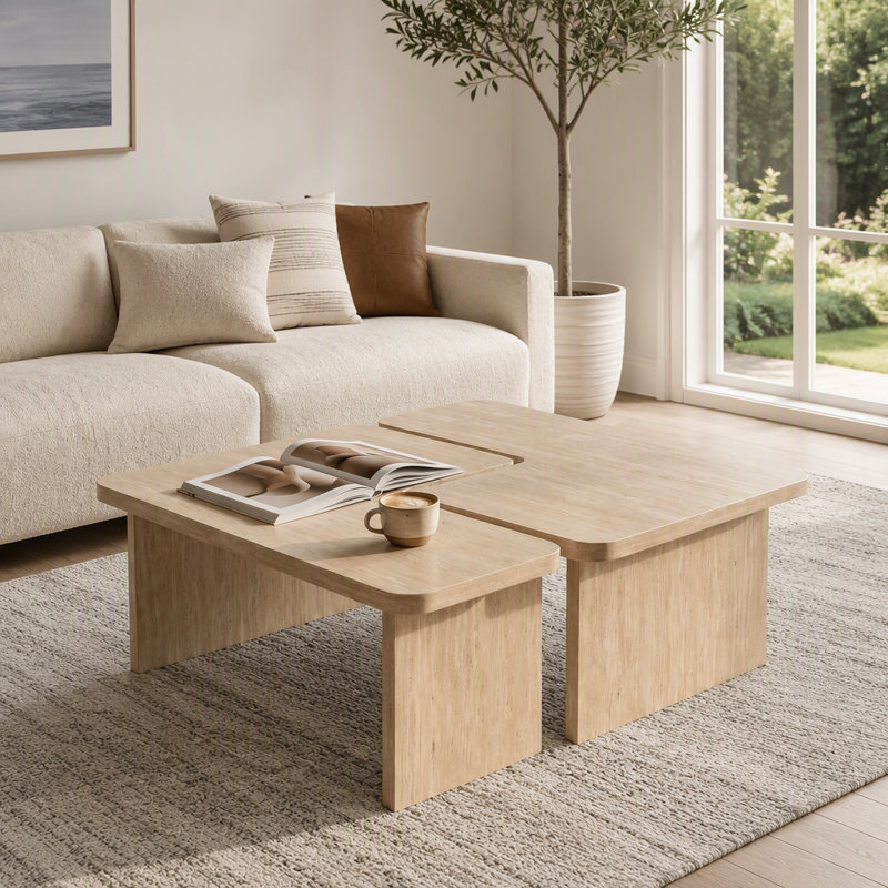 Ensemble de 2 tables basses modulaires en travertin, ensemble de tables gigognes en forme de L, table d'angle séparable pour petits espaces et salon, beige crème