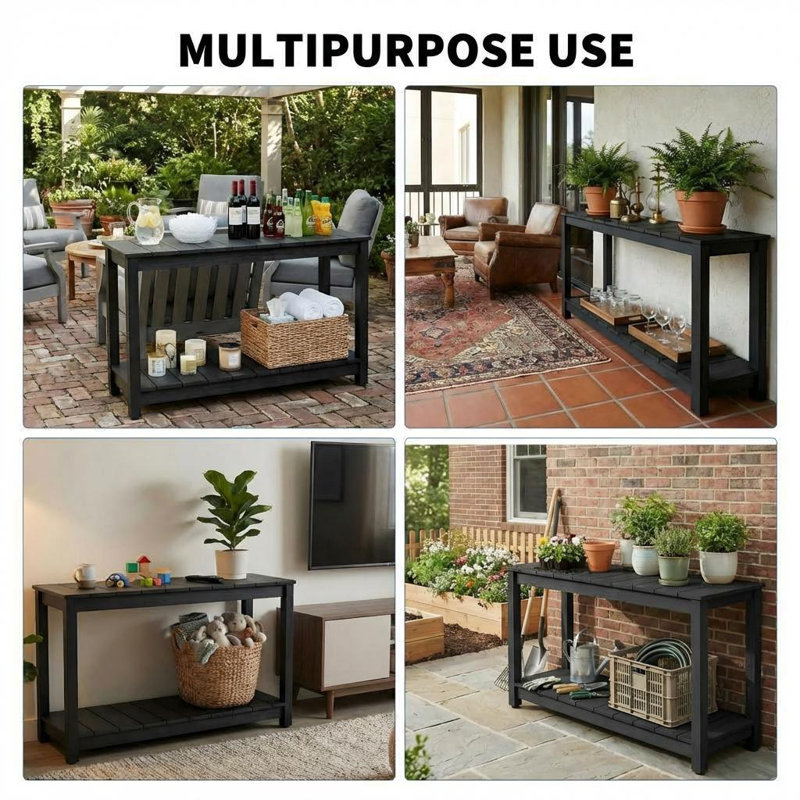 48" Outdoor Console Table with 2 Shelves, Weather-Resistant Patio Buffet and Entryway Table with Adjustable Feet, Black