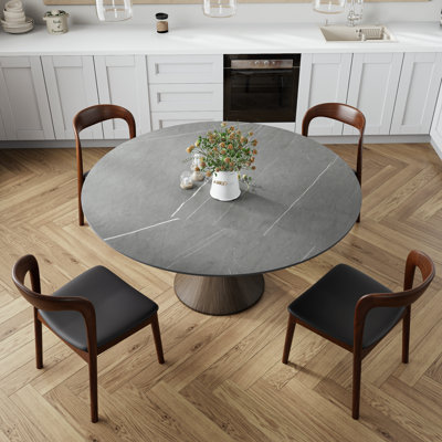 Mid Century Modern Gray Stone Round Solid Wood Pedestal Dining Table Sets(1 Table 4 Chairs, 1 Table 6 Chairs)