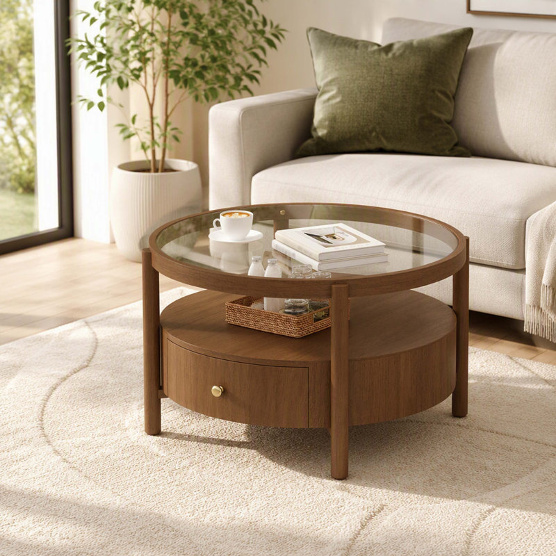 Table basse ronde à finition noyer avec structure en bois massif, plateau de table en verre et tiroir de rangement intégré, table basse Mid-Century circulaire à 2 niveaux pour la décoration du salon