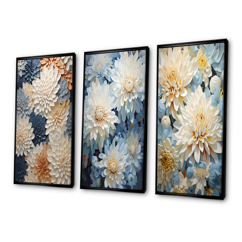 «Garden Bliss Mums» en blanc et bleu - ensemble de 3 impressions murales «Mums», Cadre flottant noir, H 28 po x l 36 po