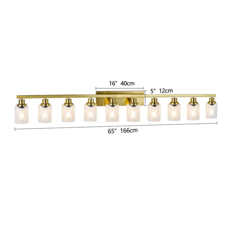 Une applique murale élégante pour salle de bain de 65 pouces de style moderne à 10 lumières de ton doré avec abat-jour en verre transparent, pouvant être installée vers le haut ou vers le bas, convient aux salles de bain et aux salons