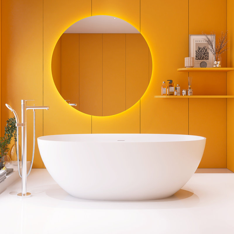 65" L X 29.5 " W Solid Surface Freestanding Soaking Bathtub With Overflow And Pop-Up Drain