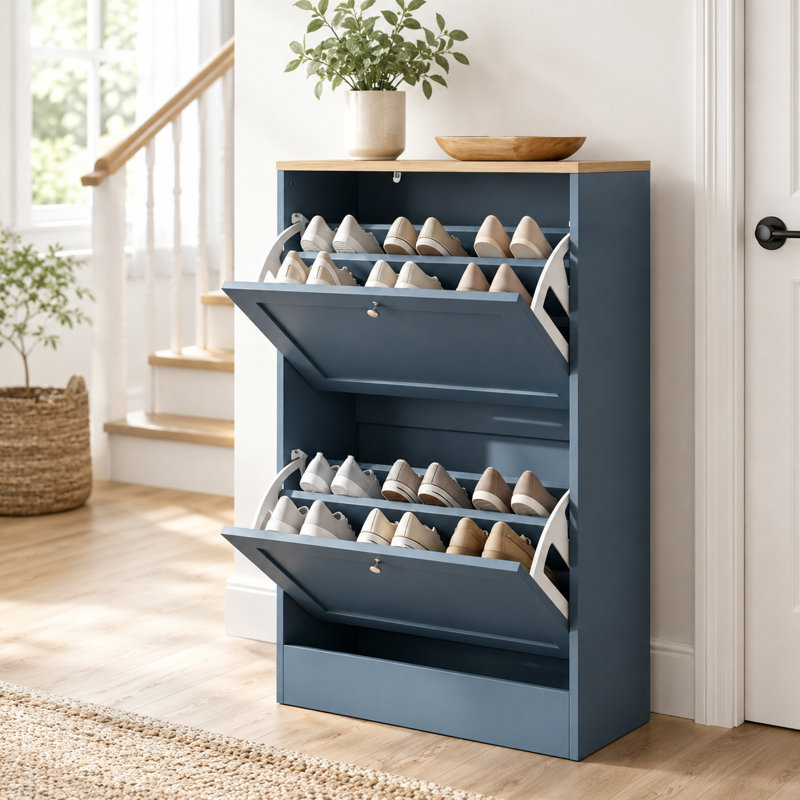Meuble à chaussures étroit avec 2 tiroirs rabattables pour entrée, Bleu