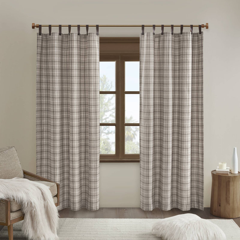 Anaheim Plaid Faux Leather Tab Top Single Curtain Panel with Fleece Lining, Brown, 50" W x 95" L