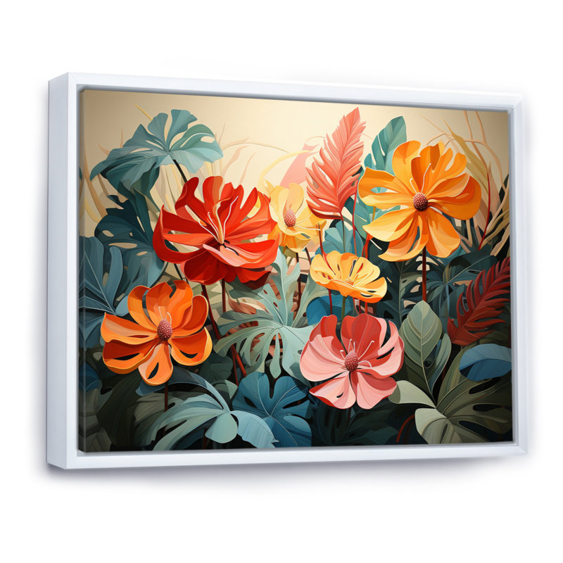 Orange, vert, plantes tropicales V, H 30 po x l 40 po x P 1,5 po, Cadre flottant blanc