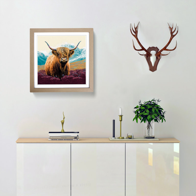 Highland Cow Color Field Painting - Single Picture Frame Print on Wood, Oak