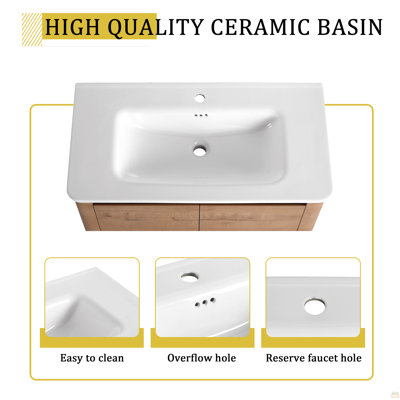 Meuble-lavabo autoportant de 84 po avec lavabo en céramique blanche et 1 petite armoire de rangement, porte à fermeture en douceur