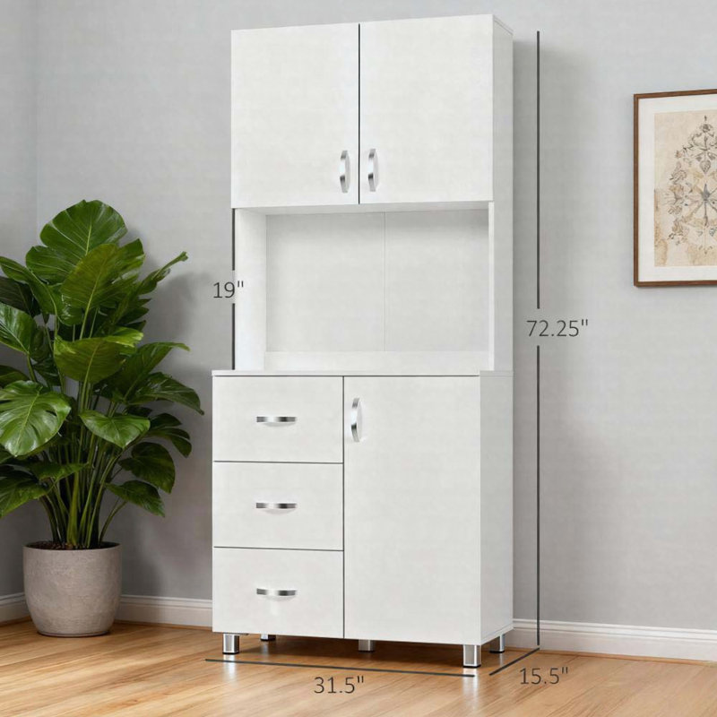 Armoire de cuisine blanche 72 po avec 2 portes, 3 tiroirs et tablettes réglables