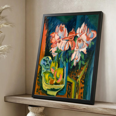 Fleurs abstraites modernes et fruits dans un bol: nature morte vibrante, style peinture à l'huile expressionniste. Toile encadrée 24 "x 36" avec cadre en bois noir