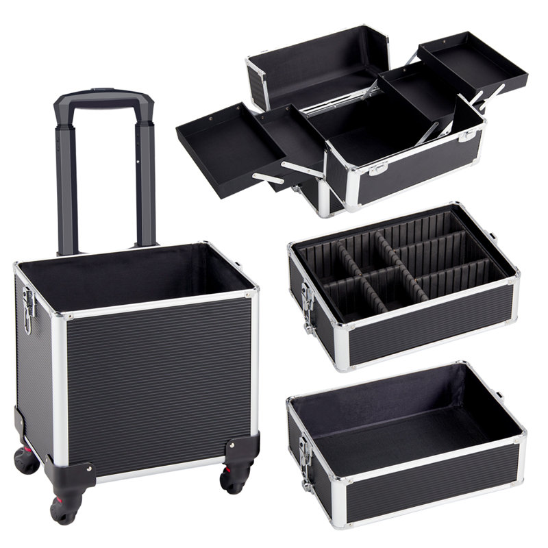 Abrams Professional Makeup Train Case 4 in 1 Rolling  Makeup Case, Black/Silver