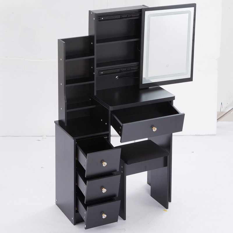 Petit meuble-lavabo compact avec miroir DEL et tabouret de rangement, Black