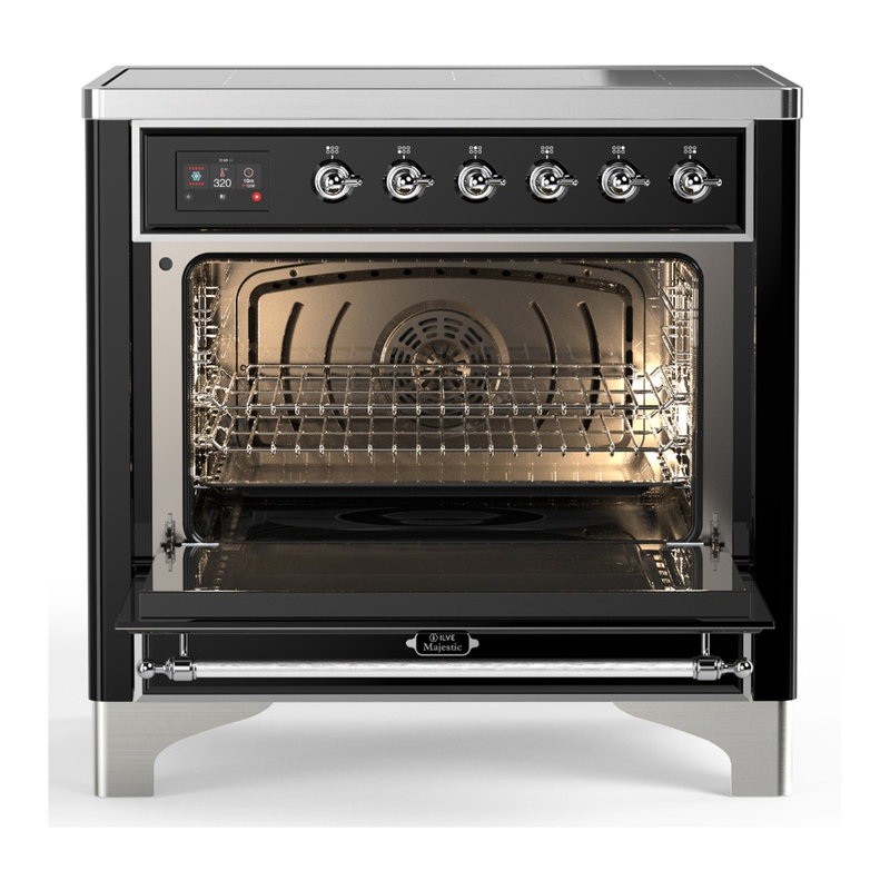 Majestic III Series 36 Inch Induction Range with 6 Induction Elements in Glossy Black (Chrome Trim), Chrome, Glossy Black