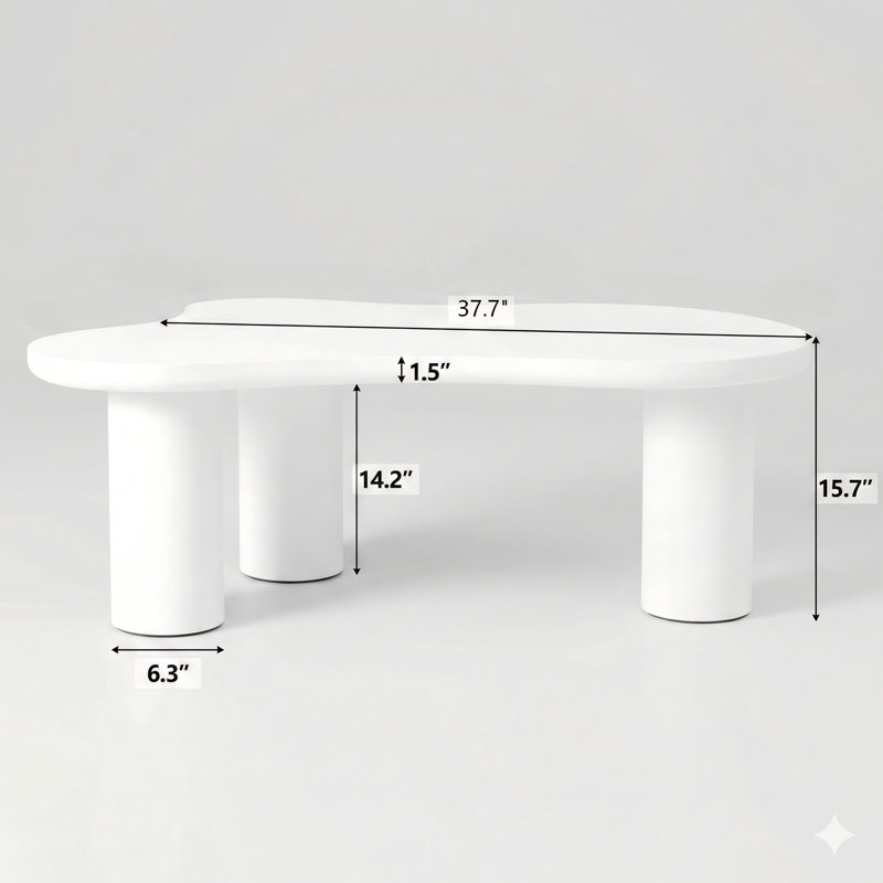 Table basse en forme de nuage de 44 po x 25,9 po facile à assembler avec plateau de 1,5 po d'épaisseur, table de bout irrégulière de couleur crème avec trois pieds robustes, table centrale élégante avec bords arrondis pour le salon, blanc