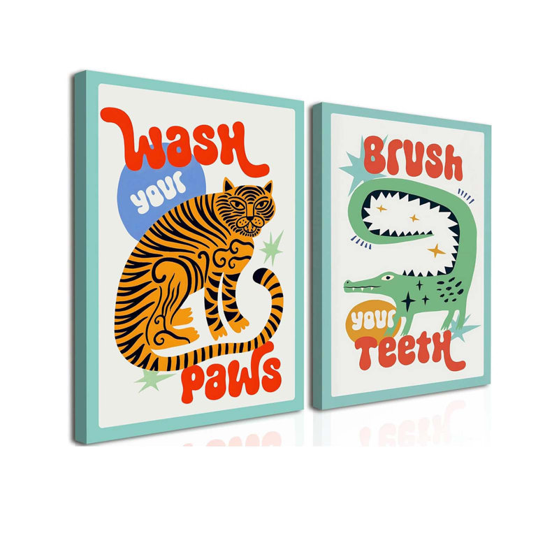 Funny Kids Bathroom Wall Art, Cute Animal Bathroom Wall Decor Paintings, Eclectic Tiger Wash Your Paws Sign Poster Canvas Prints For Toilet Restroom Framed Inch