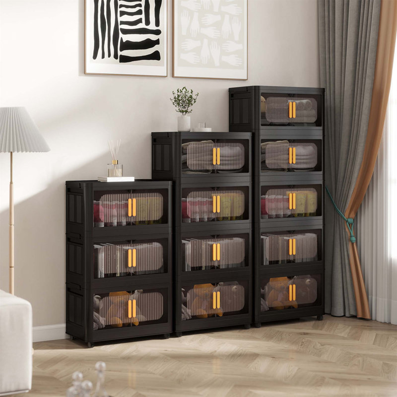 24 Inch Wide Folding Storage Cabinet With 5 Tiers, Collapsible Bins, Magnetic Door, And Wheels For Versatile Use And Easy Organization