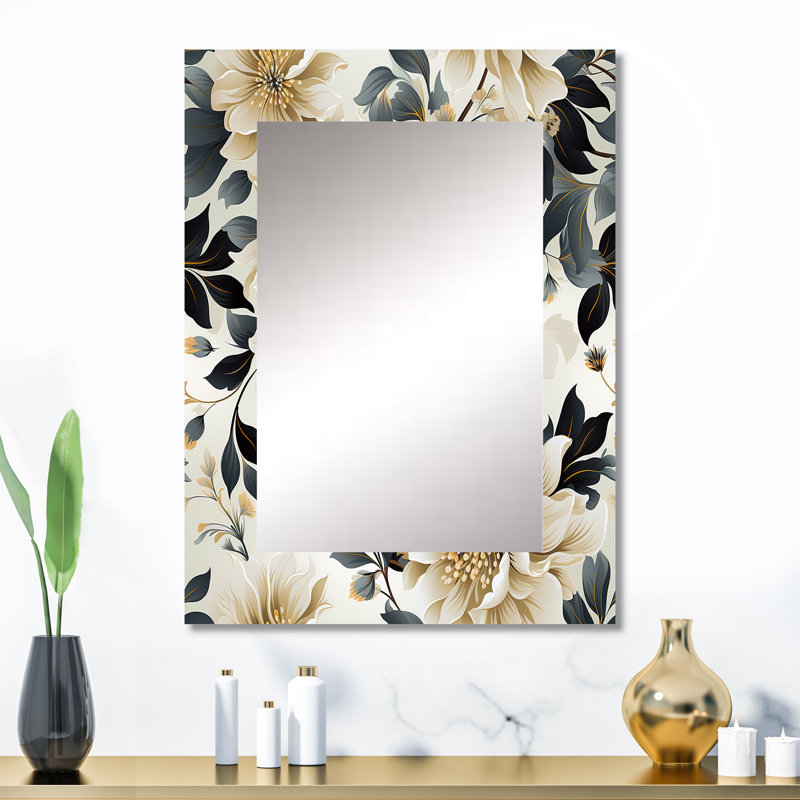 Kealia Timeless Beige Peony  Sophistication - Floral Mirror, Cottage Decorative Wall Mirror, Printed Metal Art, 32" x 24"
