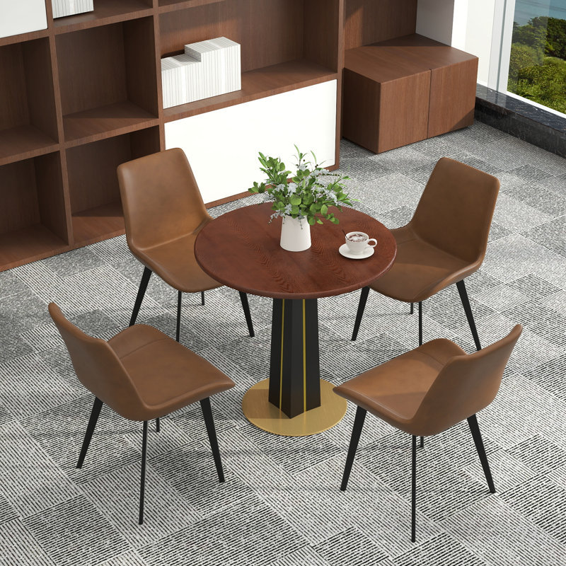 Ensemble de 5 tables de conférence modernes en bois massif, comprenant 4 chaises en similicuir, Brun