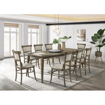 Bistro 88" Vintage Walnut 9 Piece Dining Table With Extension Leaf And Off White Fabric Dining Chairs