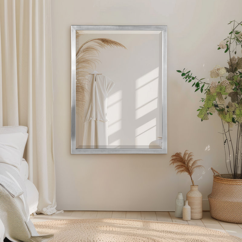 40x30" Brushed Nickel Stainless Steel Beveled Framed Metal Accent Wall Mirror for Bathroom Vanity, Entryway, Living Room