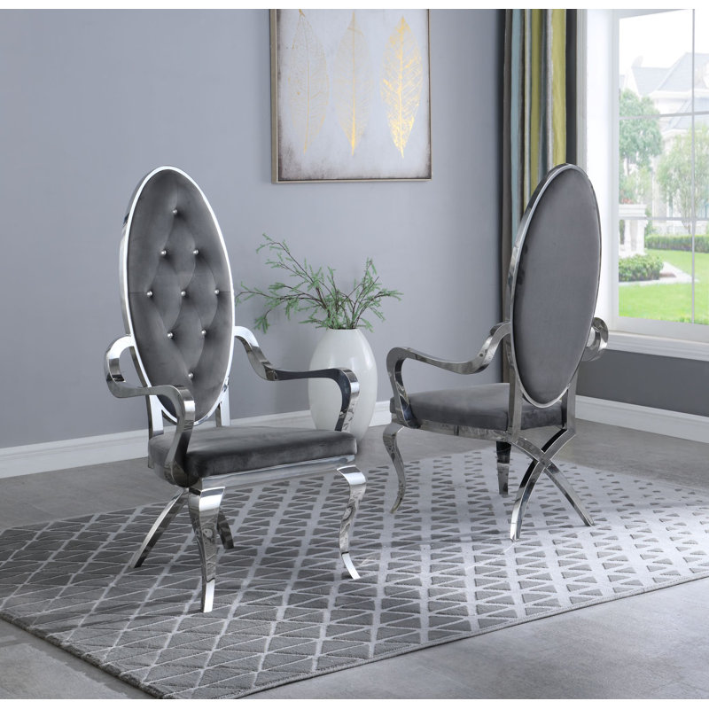 Tufted Velvet Upholstered Armchair, Silver, Dark Gray Velvet