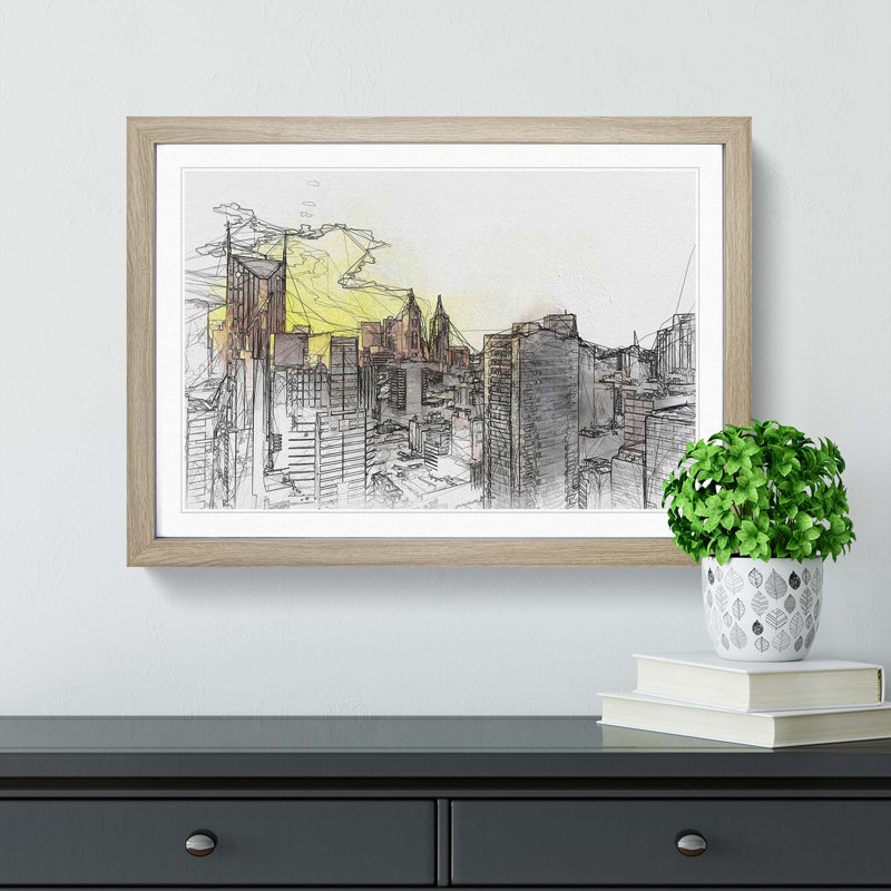Melbourne Australia Skyline in Abstract - Picture Frame Graphic Art Print, 27cm H x 36cm W x 2cm D, Oak Framed