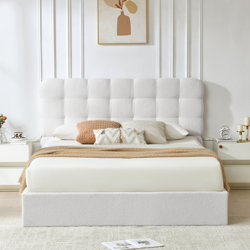 Lit plateforme tapissier hydraulique avec rangement Gaillarde Arcadia, blanc Boucle, grand, Boucle blanc, Grand lit
