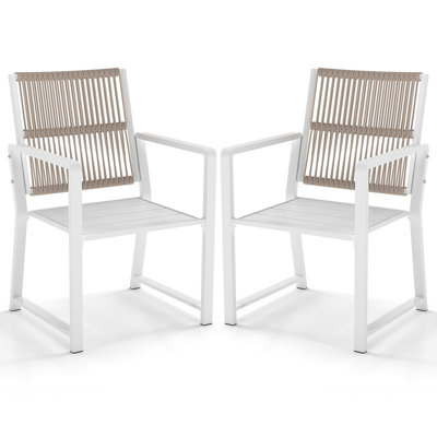 Set of 2 Patio Dining Chairs, HDPE Seat Outdoor Metal Chairs with Woven Back, Weather Resistant, Fade Proof, Easy Clean, White