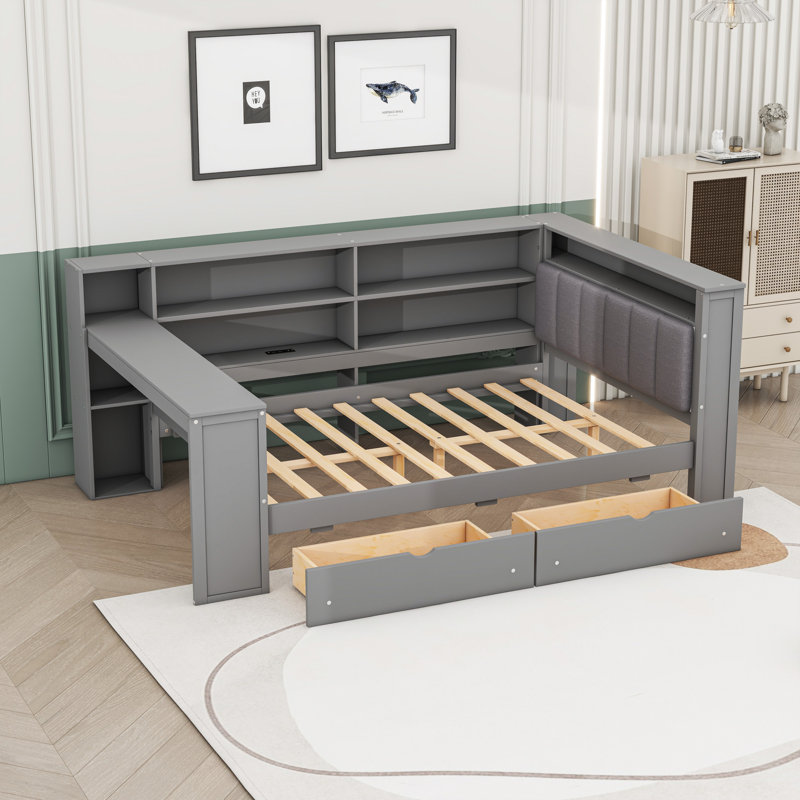 Lit de jour à deux tiroirs en bois avec lumière DEL, station de charge, tablettes et bureau, Complet/Double, Gris