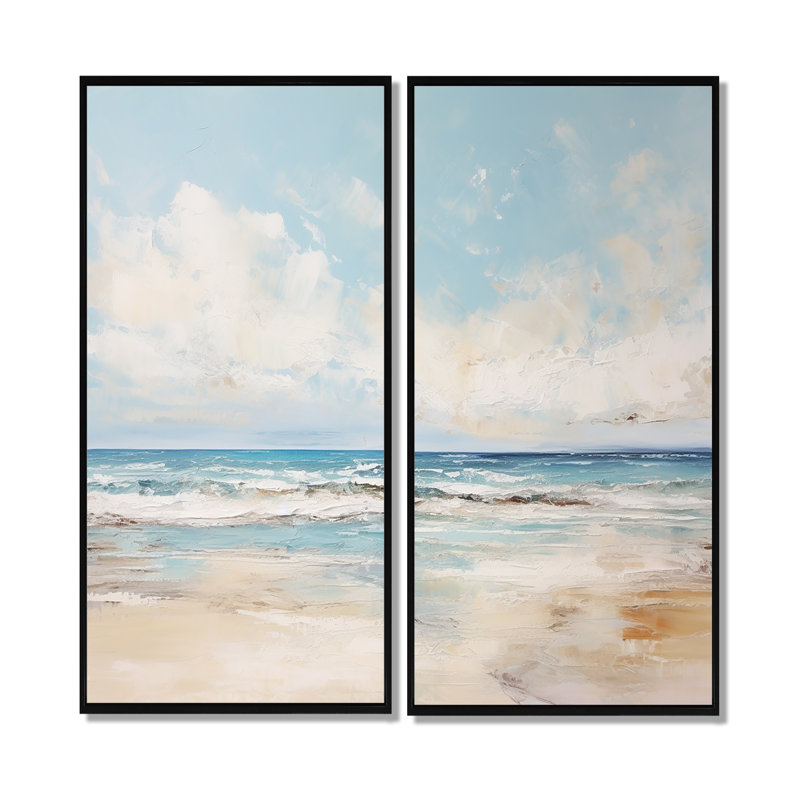 Ensemble de 2 décorations murales bord de mer beige et bleu, H 40 po x l 40 po, Reproduction encadrée sans passe-partout