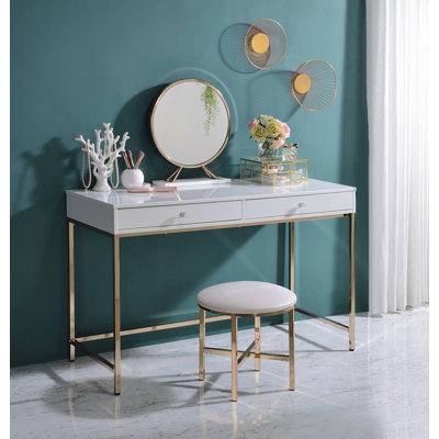 Ottey White High Gloss & Gold Finish Vanity Desk