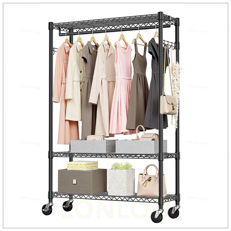 Heavy Duty Adjustable 3-Tier Wire Shelving Garment Rack with Hanging Rod, Side Hooks, and Wheels for Versatile Storage, Black