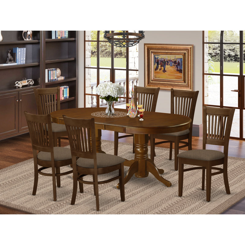 Ensemble de table et chaises de cuisine 7 pièces comprenant une table de salle à manger ovale avec rallonge papillon et 6 chaises en tissu de lin, espresso