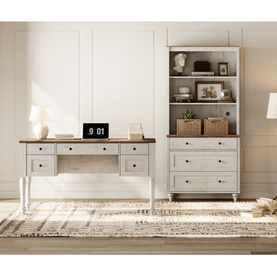 Ensemble de bureau 2 pièces, bureau double 56 "et bibliothèque avec tiroirs, blanc