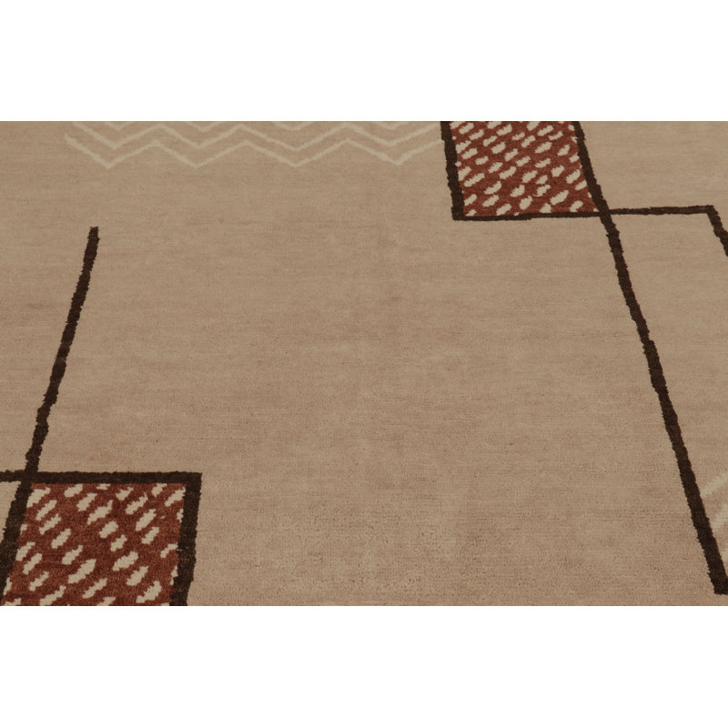 Art Deco Hand Knotted Area Rug in Beige/Brown, Red, Black, Cream/White