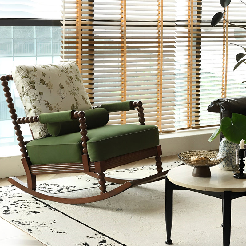 Chaise berçante en bois massif, Brun, Vert / Beige