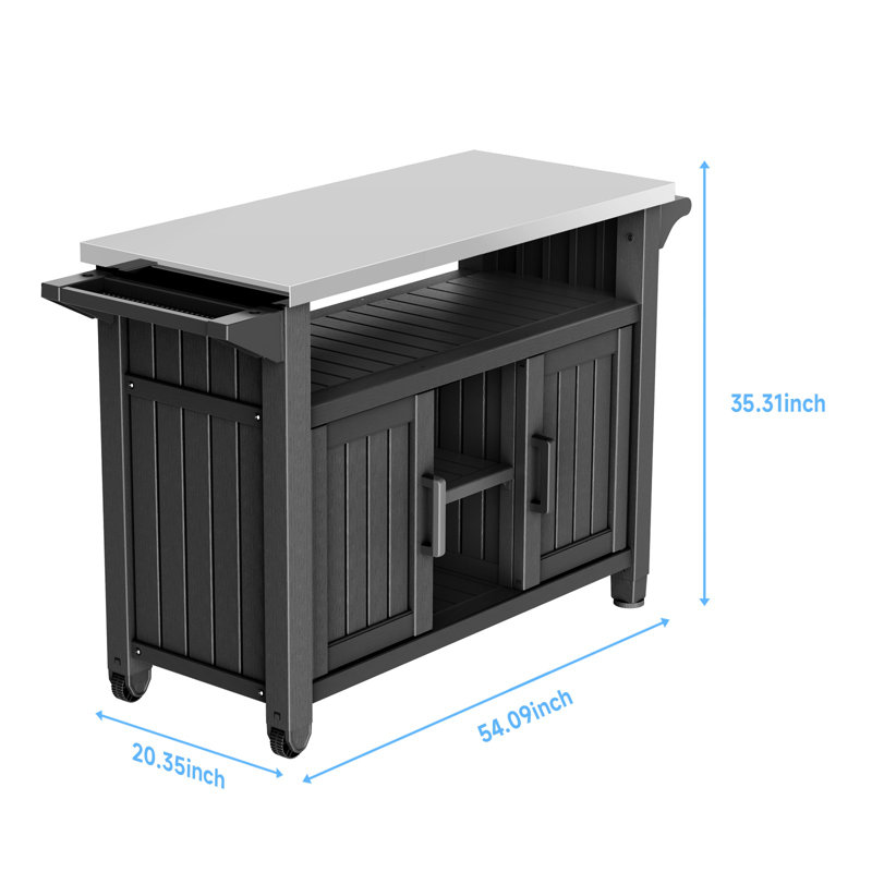Outdoor Grill Cart With Storage Cabinet Metal Kitchen Island Prep Table With Movable Universal Wheels And Stainless Steel Top For Outside Bbq Backyard Comes With Spice Rack And Side Bars.