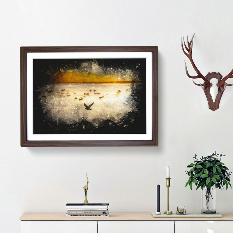 Birds On The Beach - Single Picture Frame Print on MDF, 62cm H x 87cm W x 2cm D, Walnut Framed