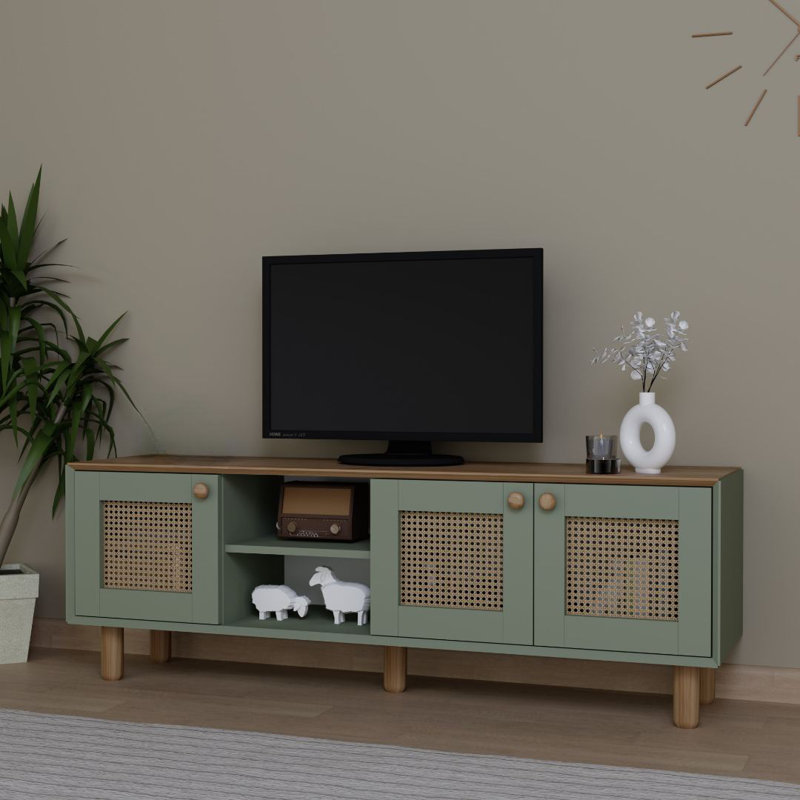 Meuble télé moderne vert avec plusieurs tablettes, 63,0 x 22,0 x 15,7 pouces | 100% panneau de particules enduit de mélamine, épaisseur: 0,7 pouce | Design scandinave mural, élégant et fonctionnel pour le salon