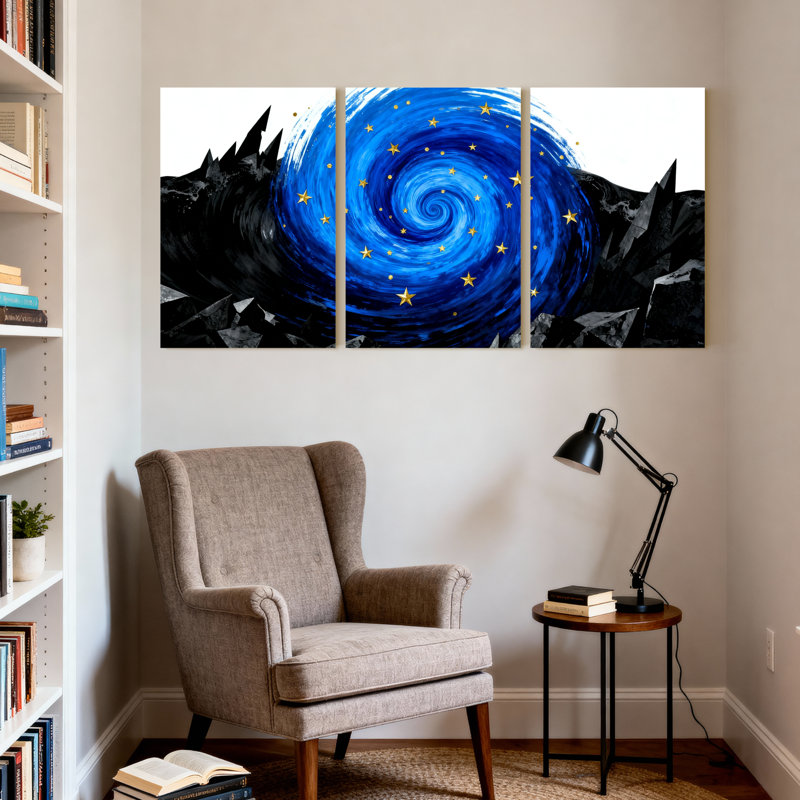Ensemble de 3 impressions sur toile bleu ciel en spirale avec étoiles et montagnes, H 18 po x l 36 po