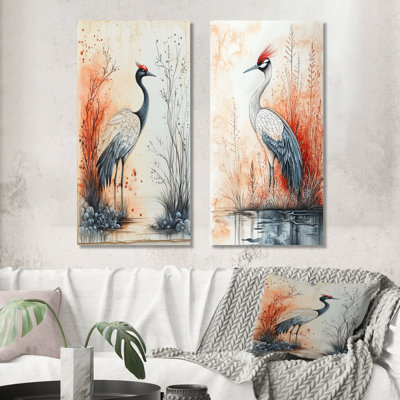 Crane in Sumi-E Flight I - Heron 2 Piece Framed Art