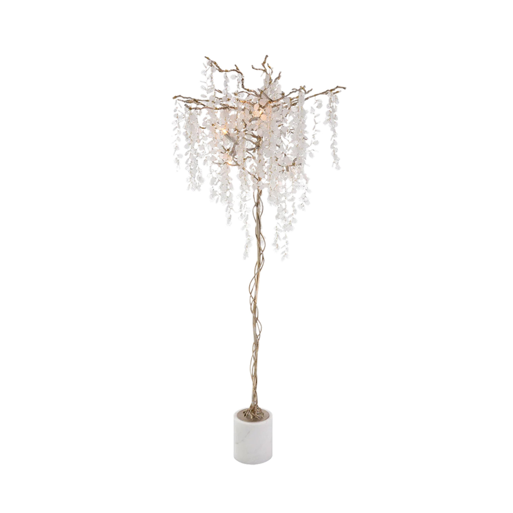Floor lamp with a decorative metal branch frame featuring cascading clear crystal accents and a white marble cylindrical base.