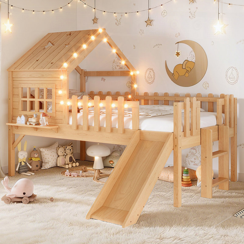 House Loft Bed with Slide and Playhouse Design, Star Moon-shaped Cutouts, LED Lights, No Box Spring Needed, Natural, Twin
