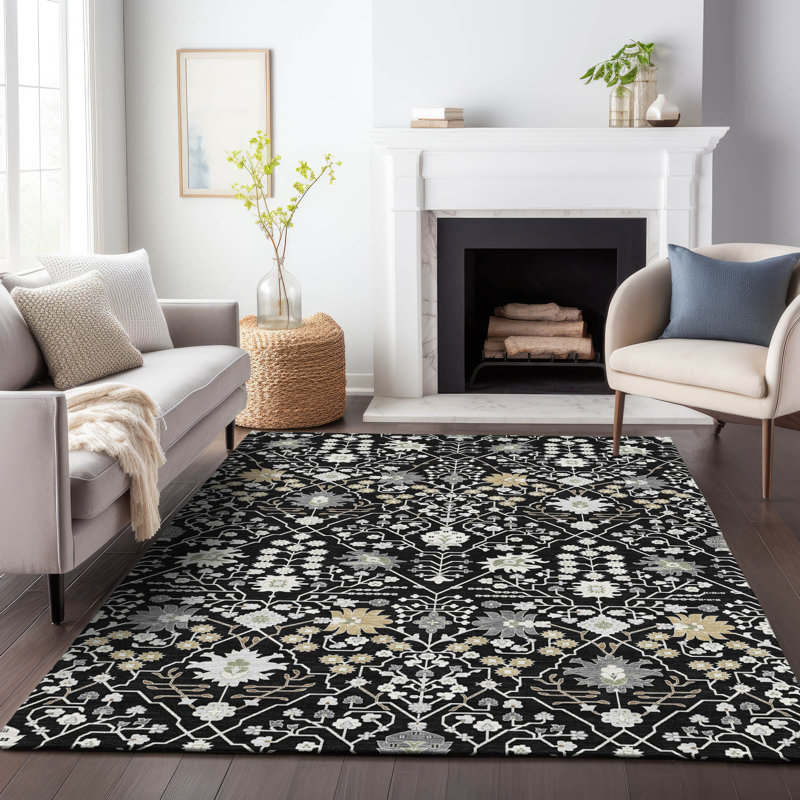 Black Synthetic Flat Woven Rectangular Washable Area Rug 5' x 7'