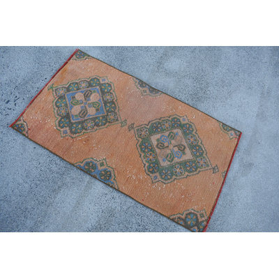 Tapis vintage en laine rétro, orange géométrique 26 po x 43,7 po