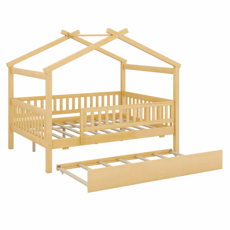 Wooden House Bed With Trundle, Natural