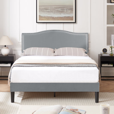 Auxter Upholstered Platform Bed Frame with Adjustable Nailhead Headboard, Velvet Fabric Mattress Foundation with Strong Wooden Slats Support, No Box Spring Needed, Heavy Duty, Easy Assembly