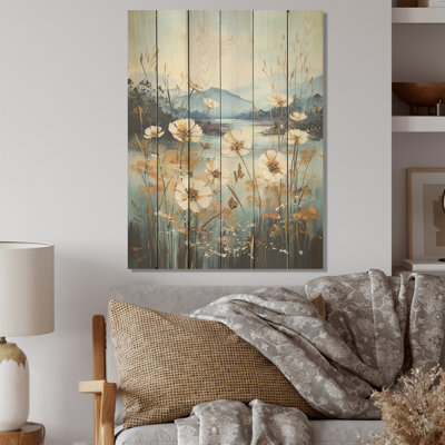 Fleurs de pissenlit bleues sur un lac - Art mural en bois sur bois de pin naturel